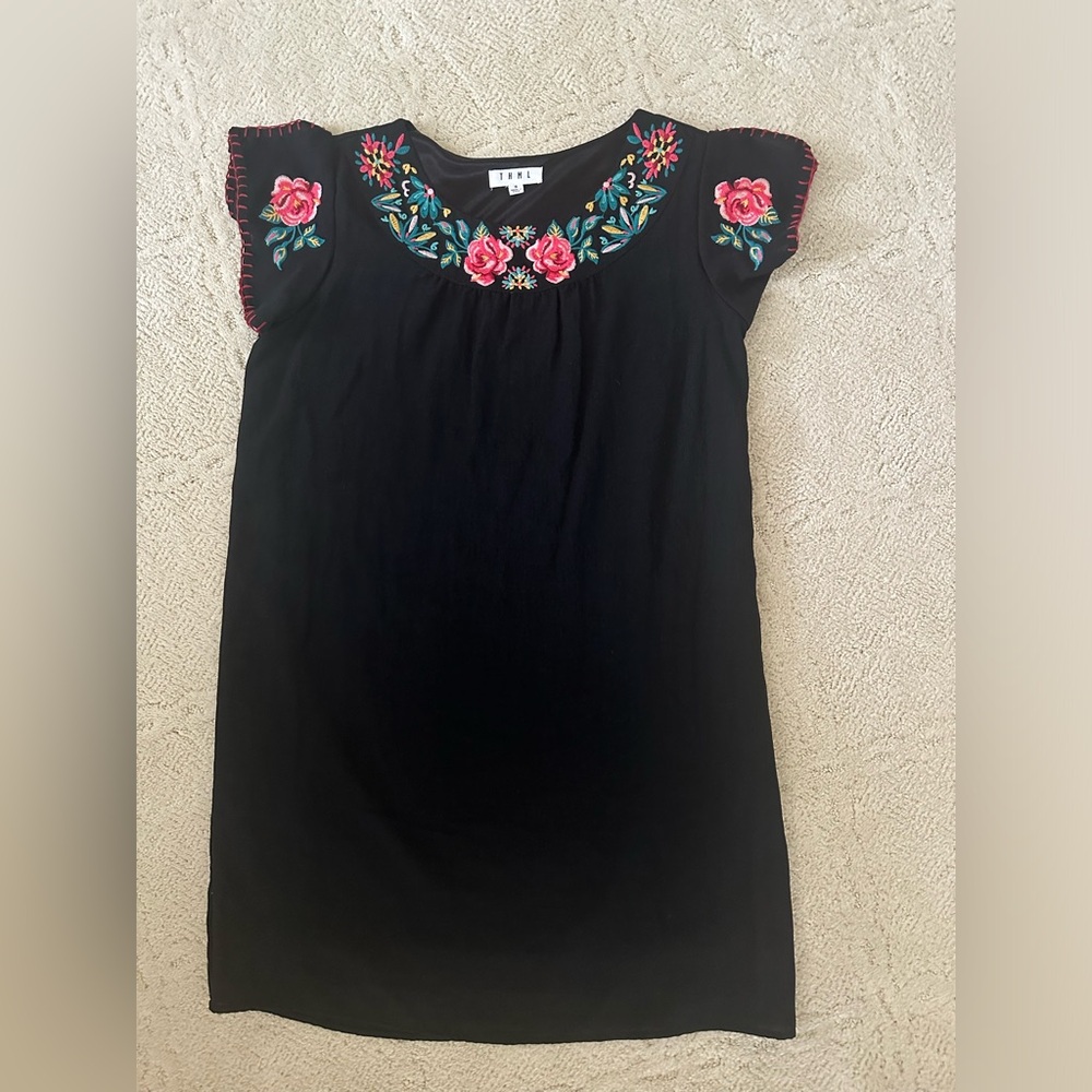 THML black straight fit dress with floral embroidered neckline